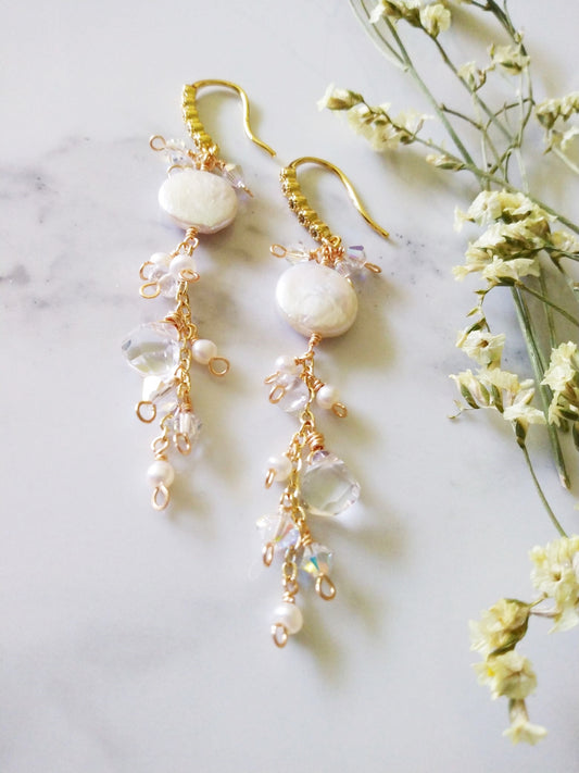 Dramatic Baroque Pearl and Crystal Cluster Bridal Gold Earrings E140107