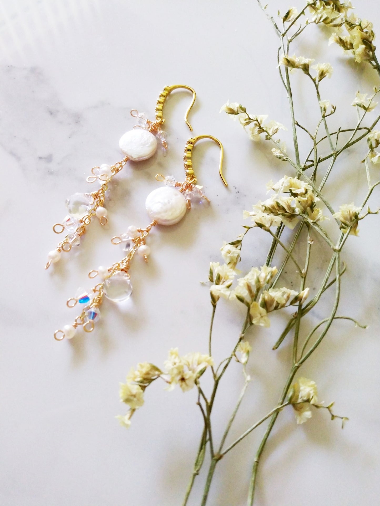 Dramatic Baroque Pearl and Crystal Cluster Bridal Gold Earrings E140107