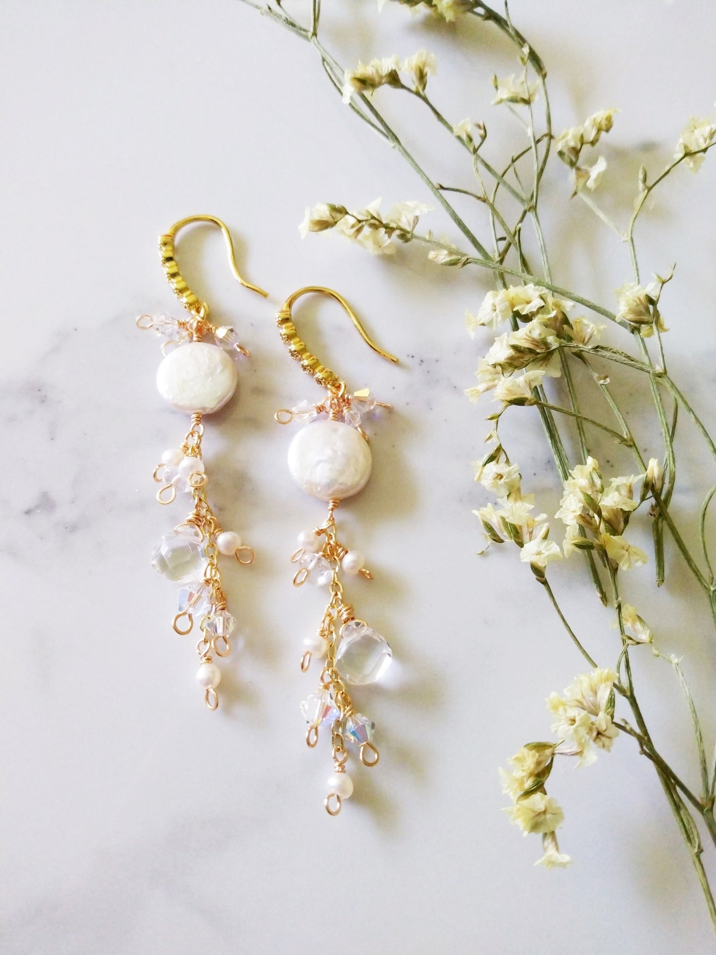 Dramatic Baroque Pearl and Crystal Cluster Bridal Gold Earrings E140107