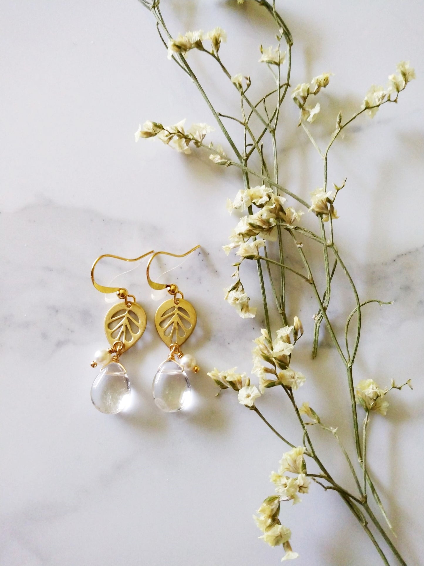 Clear Quartz Drop Nature Them Leaf Gold Filled Earrings E140104