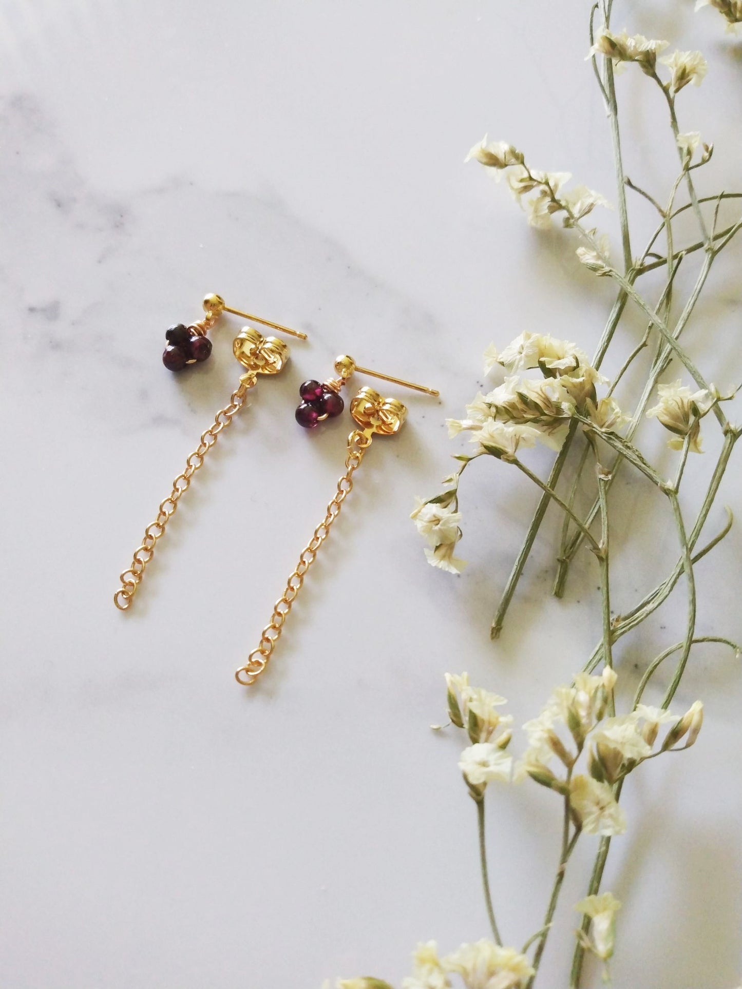 Delicate Garnet Flower Dangle Gold Filled Earrings E140082