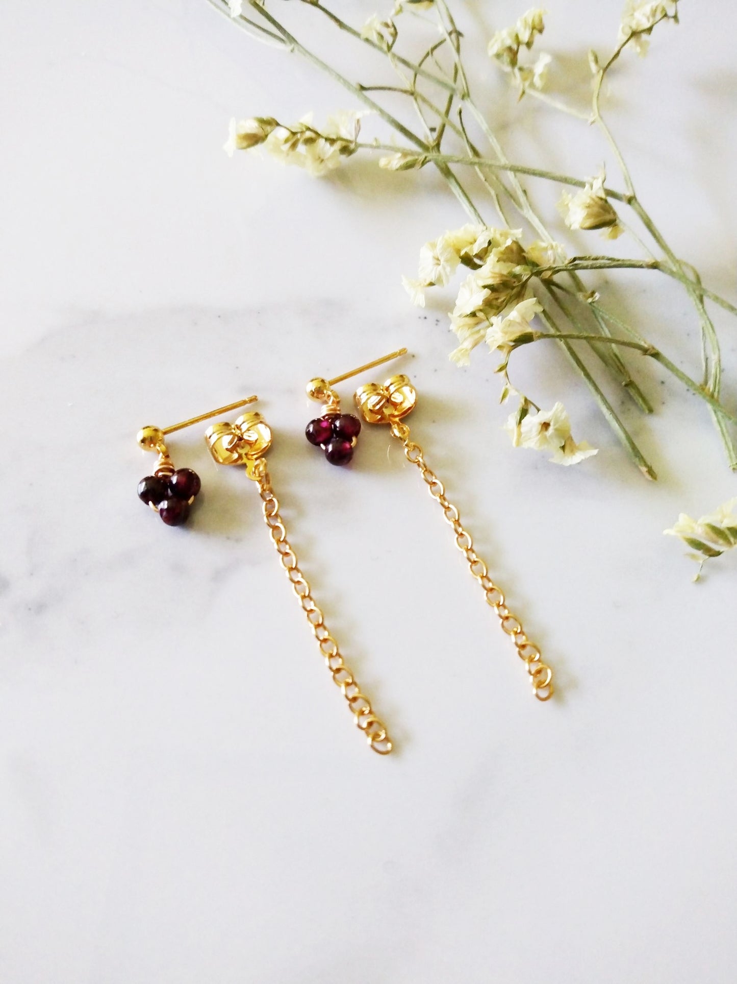 Delicate Garnet Flower Dangle Gold Filled Earrings E140082