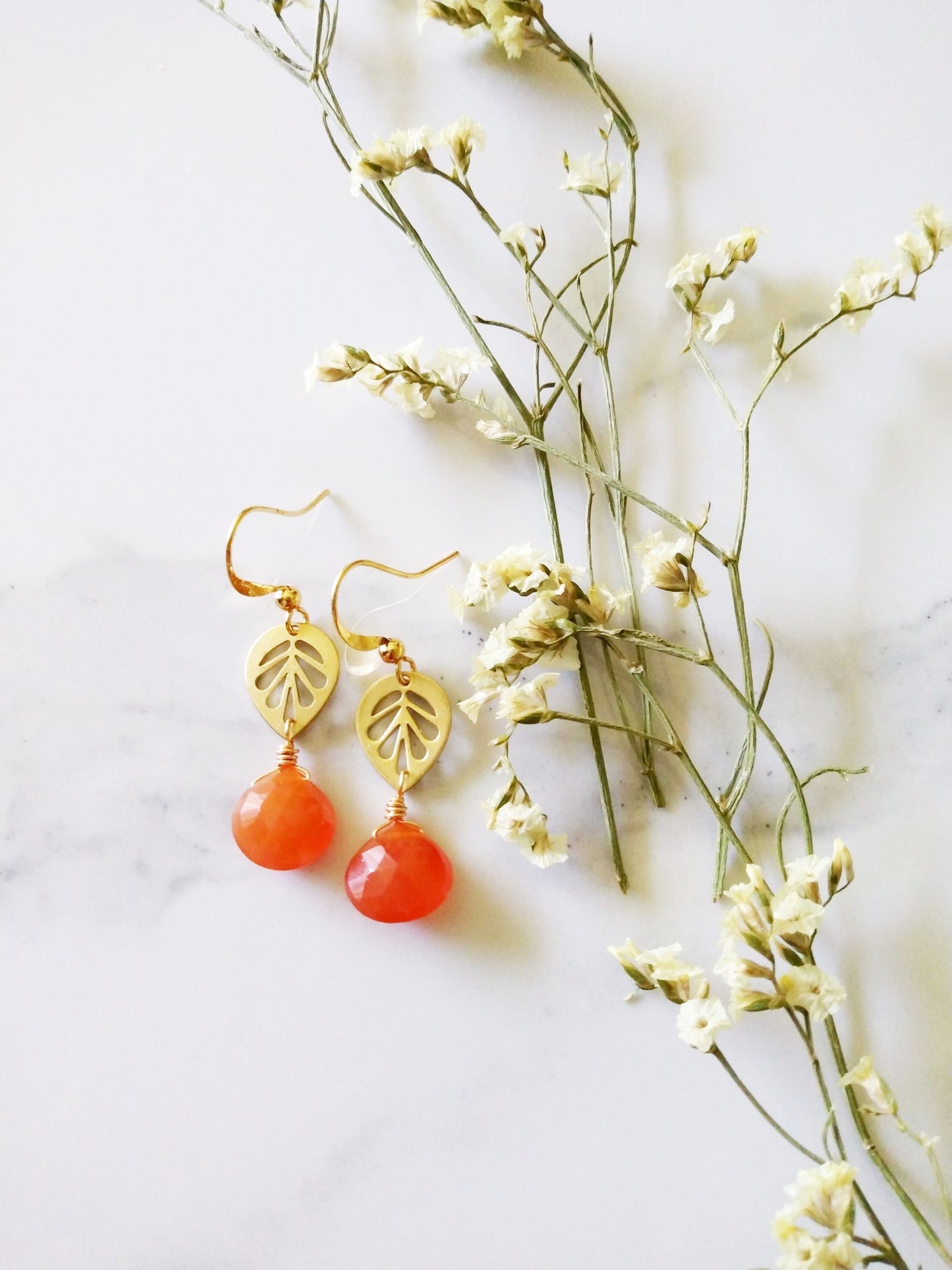 Orange Carnelian and Leaf Gold Filled Earrings E140072
