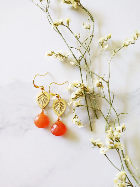 Orange Carnelian and Leaf Gold Filled Earrings E140072