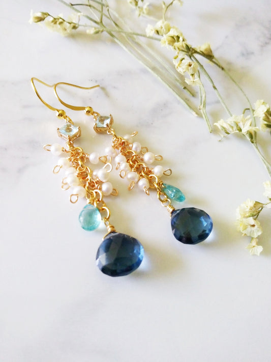 Beach Wedding London Blue Topaz Apatite Freshwater Pearl Gold Filled Earrings E140134