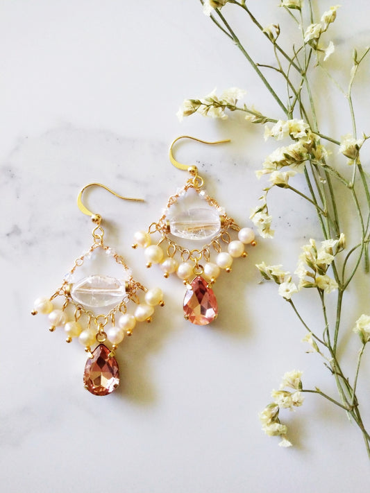 Clear Diamond Gemstone Pearl Gold Filled Earrings E140132