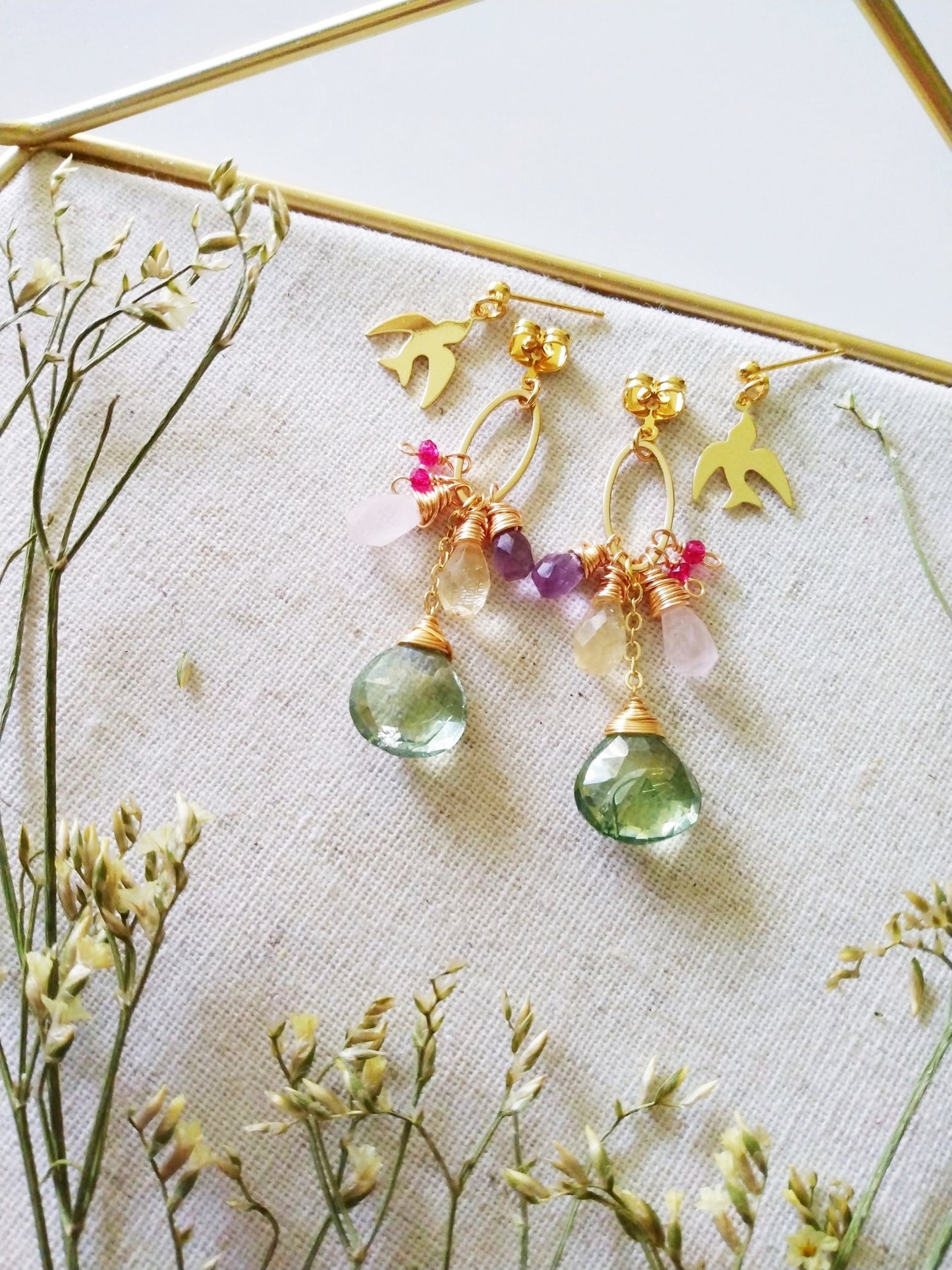 Bird and Basket of Semi Precious Gemstones Gold Filled Earrings E140175