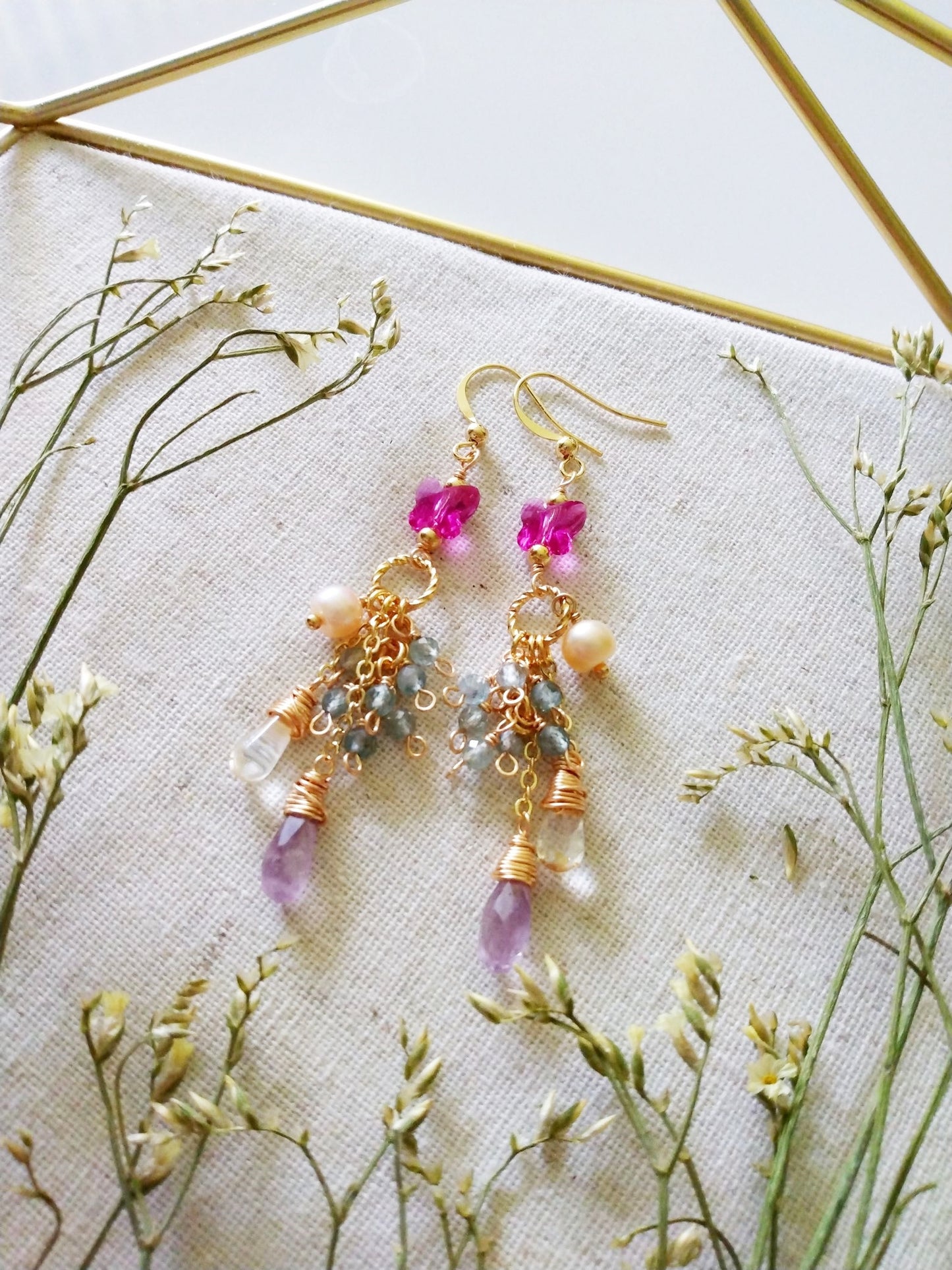 Nature Theme Butterfly Semi Precious Gemstones Gold Filled Earrings E140163