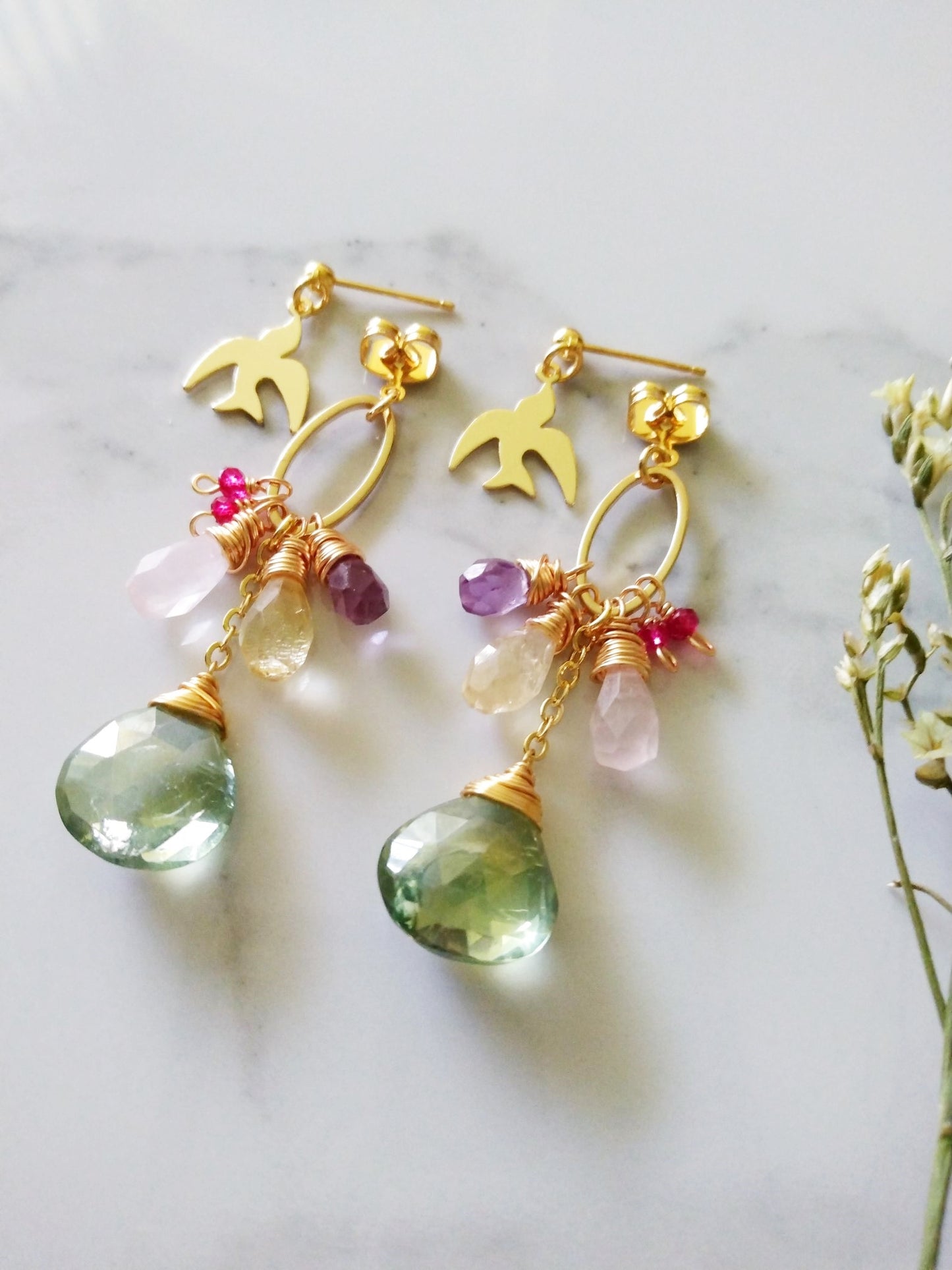 Bird and Basket of Semi Precious Gemstones Gold Filled Earrings E140175