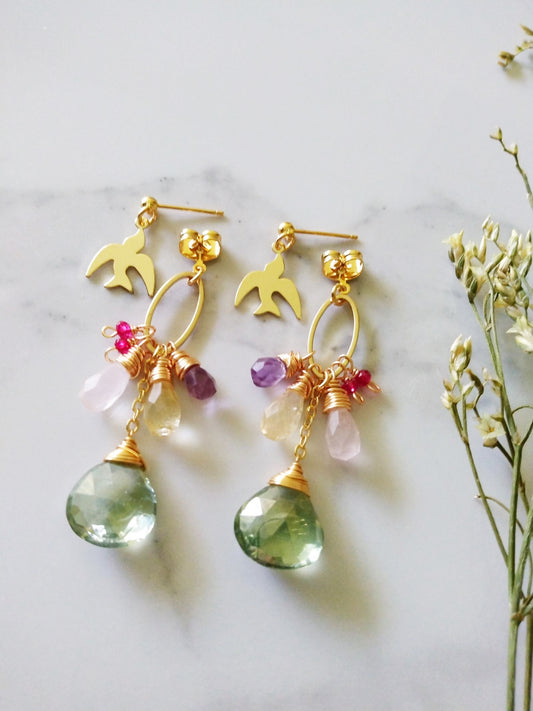 Bird and Basket of Semi Precious Gemstones Gold Filled Earrings E140175