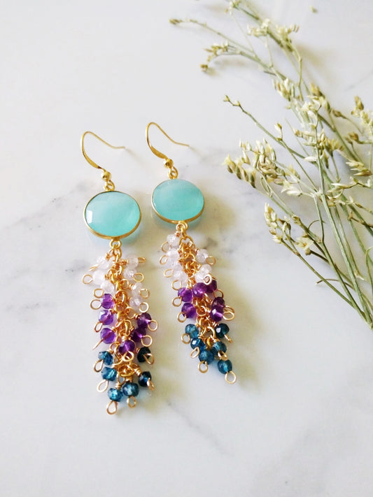 Dramatic Sea Foam Blue Chalcedony Amethyst Apatite Gemstone Gold Filled Earrings E140164