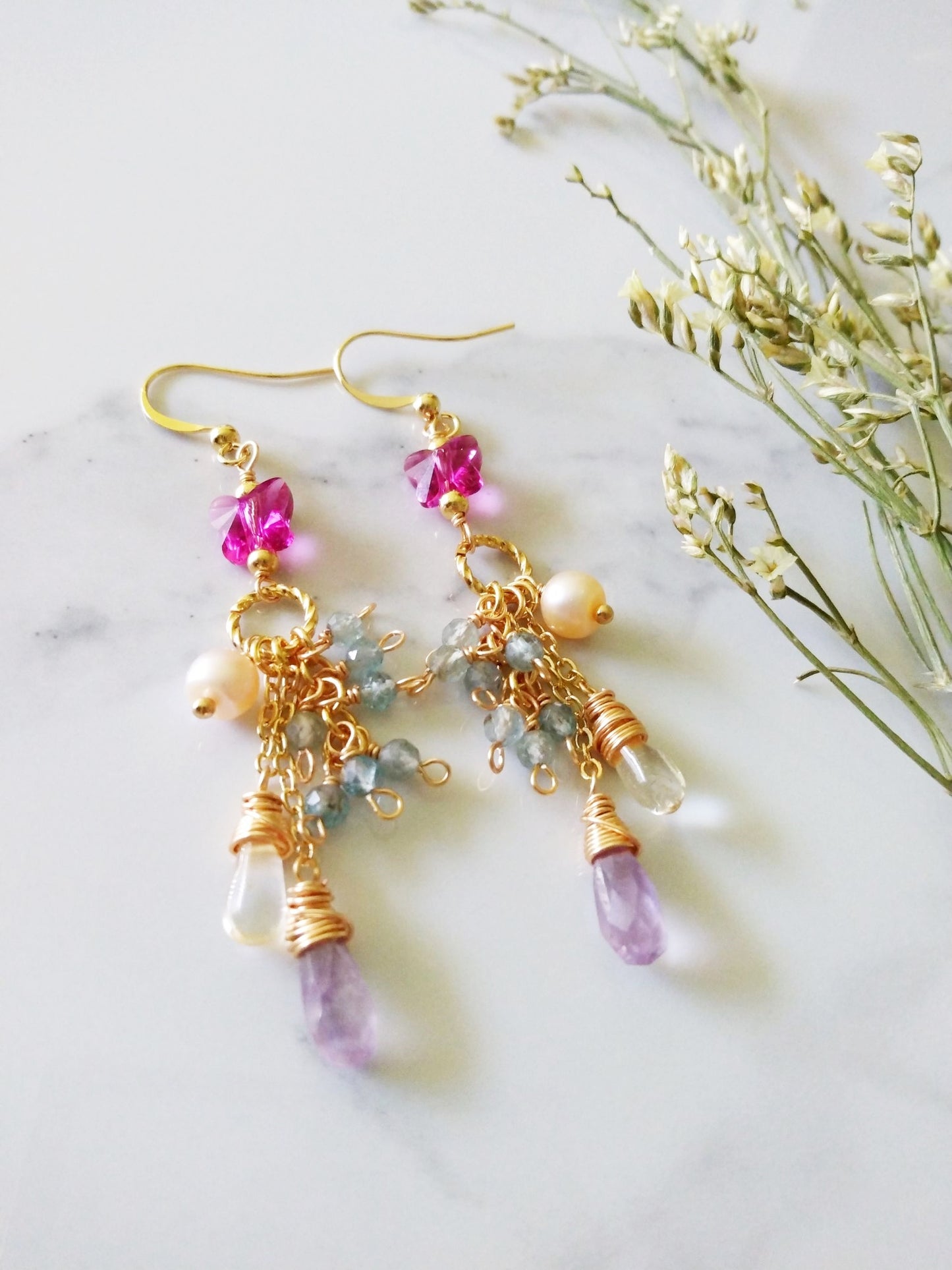 Nature Theme Butterfly Semi Precious Gemstones Gold Filled Earrings E140163