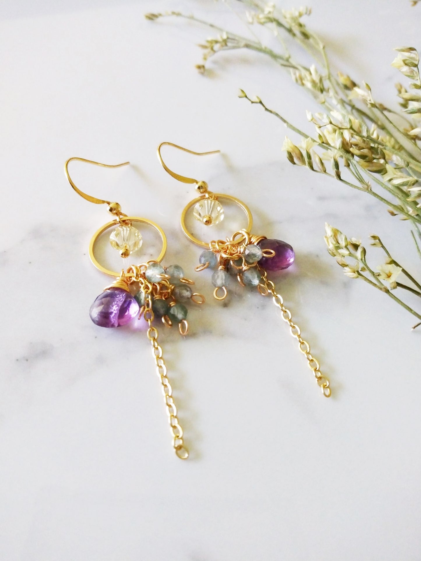 Amethyst Apatite Austrian Crystals Gold Filled Earrings E140161