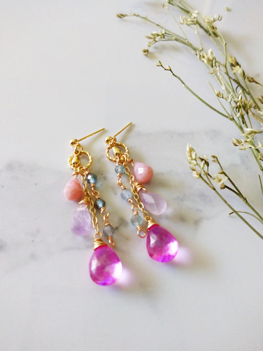 Pink Opal Hot Pink Topaz Amethyst Apatite Gold Filled Earrings E140159