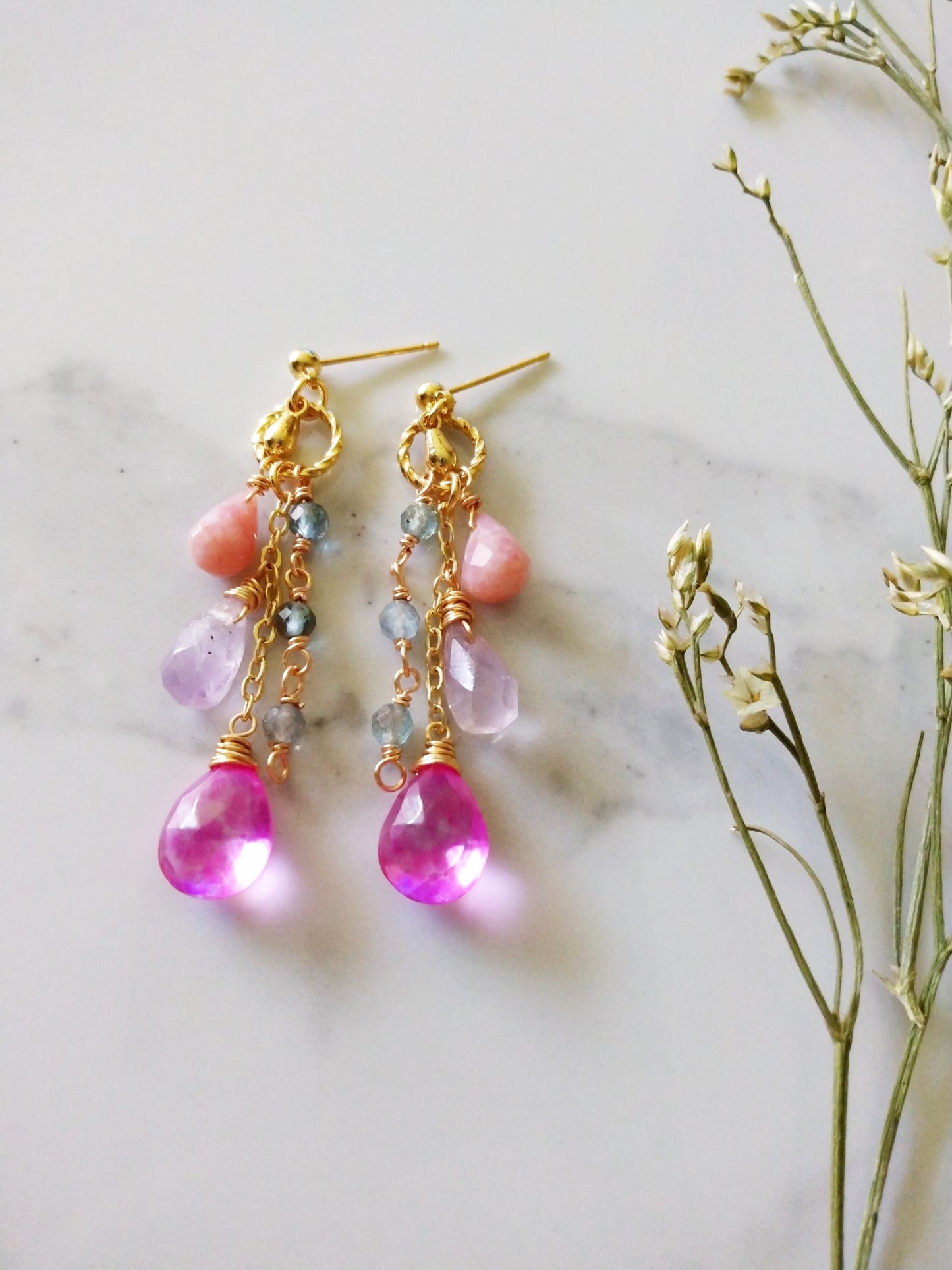 Pink Opal Hot Pink Topaz Amethyst Apatite Gold Filled Earrings E140159