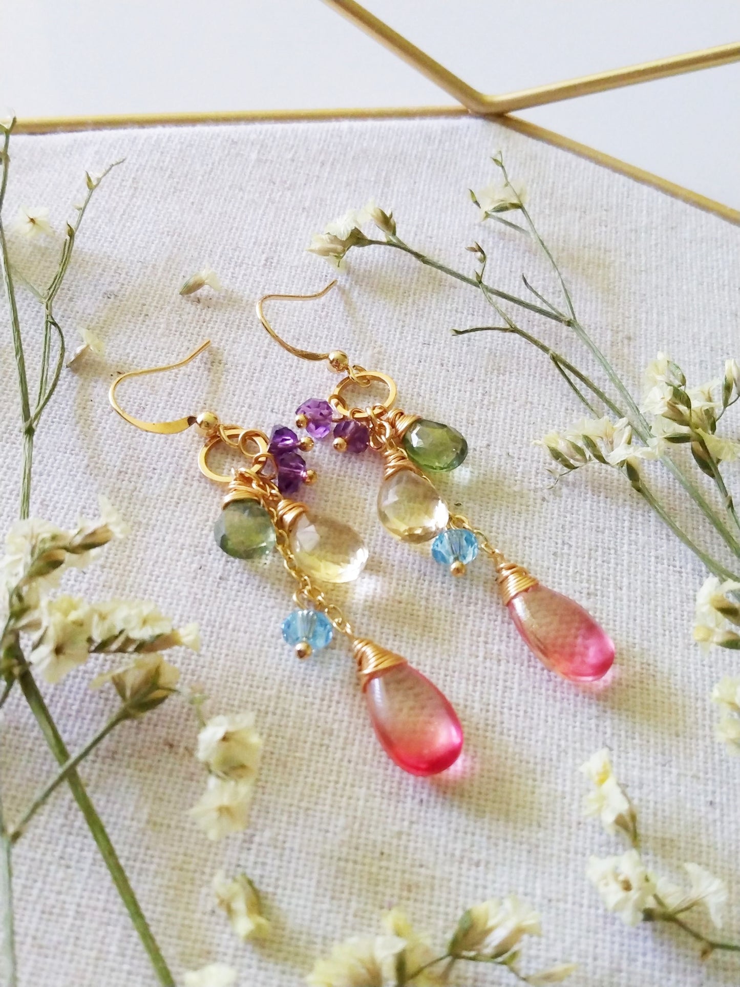 Amethyst Aquamarine Citrine Green Quartz Briolette Gold Filled Earrings E140156