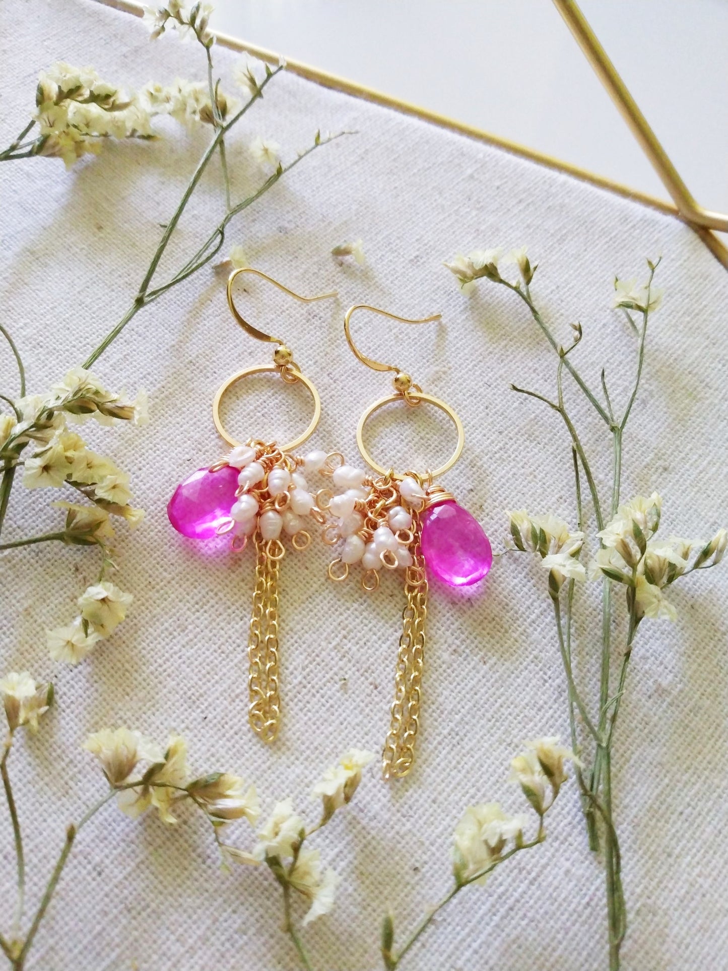 Hot Pink Topaz Baroque Pearl Clusters Gold Filled Earrings E140154