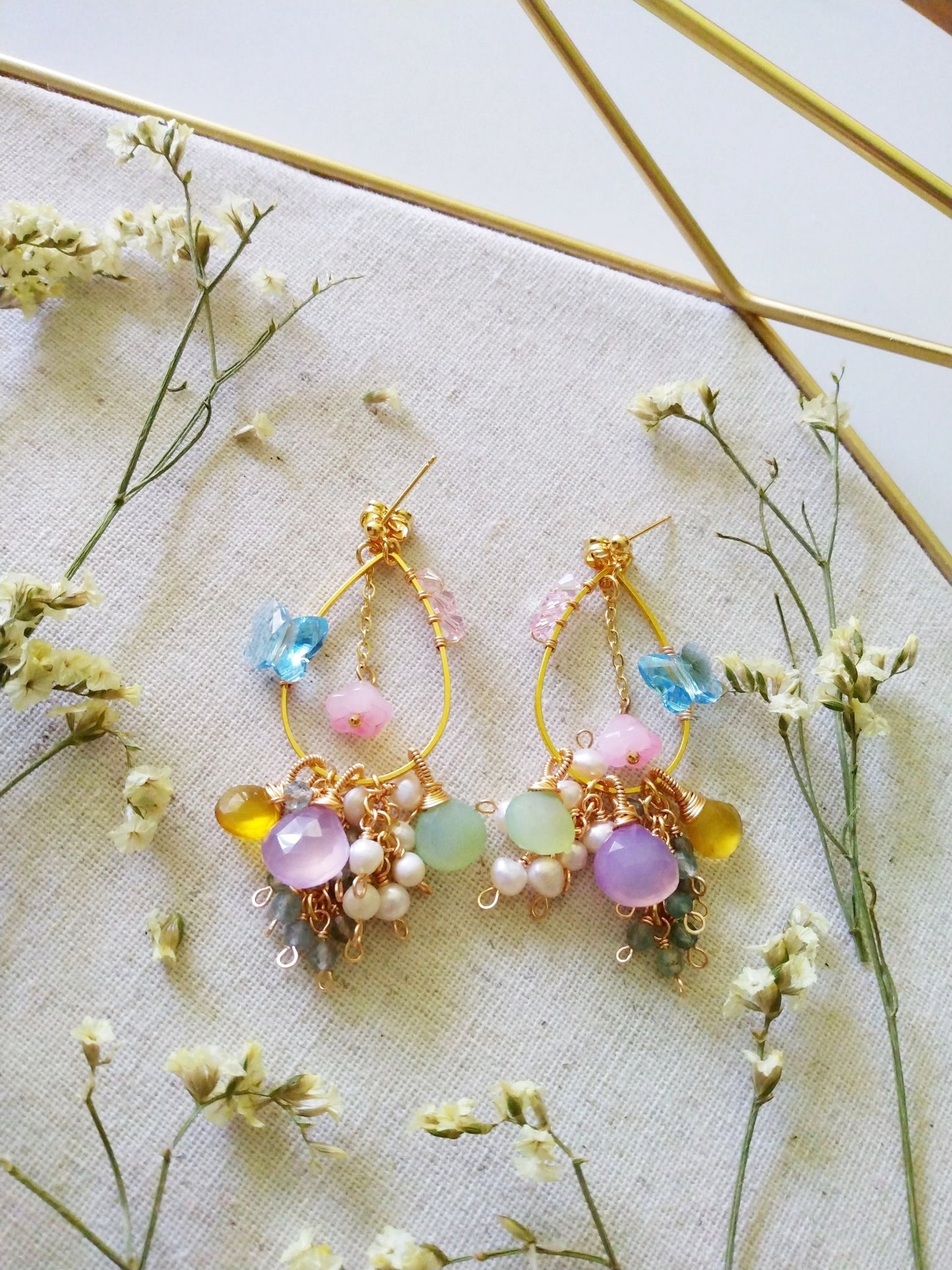 Semi Precious Gemstones Multi Cluster Butterfly Gold Filled Earrings E140160