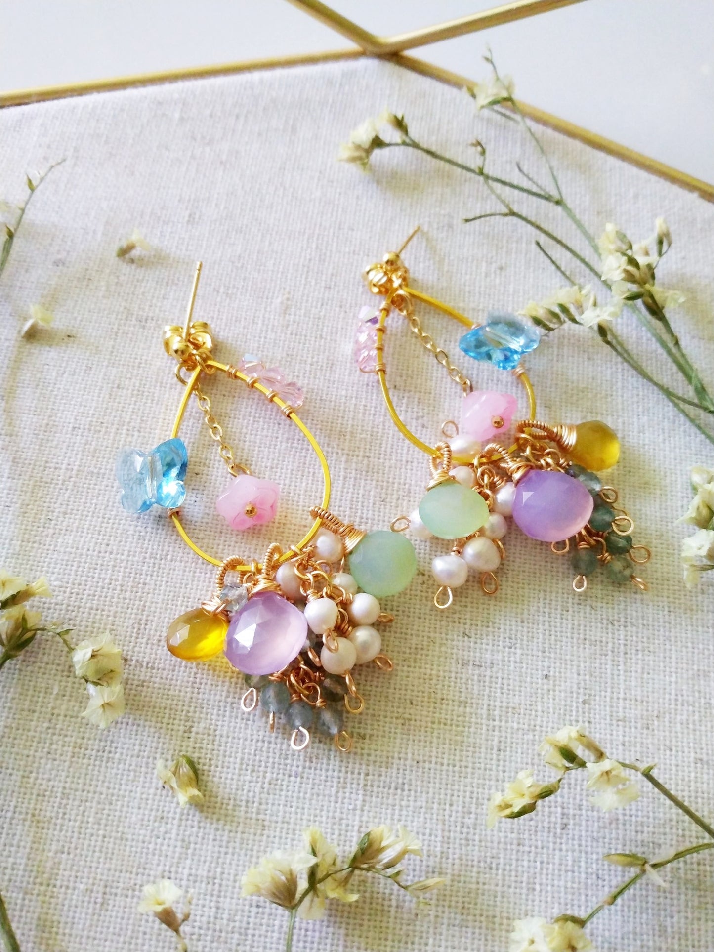 Semi Precious Gemstones Multi Cluster Butterfly Gold Filled Earrings E140160