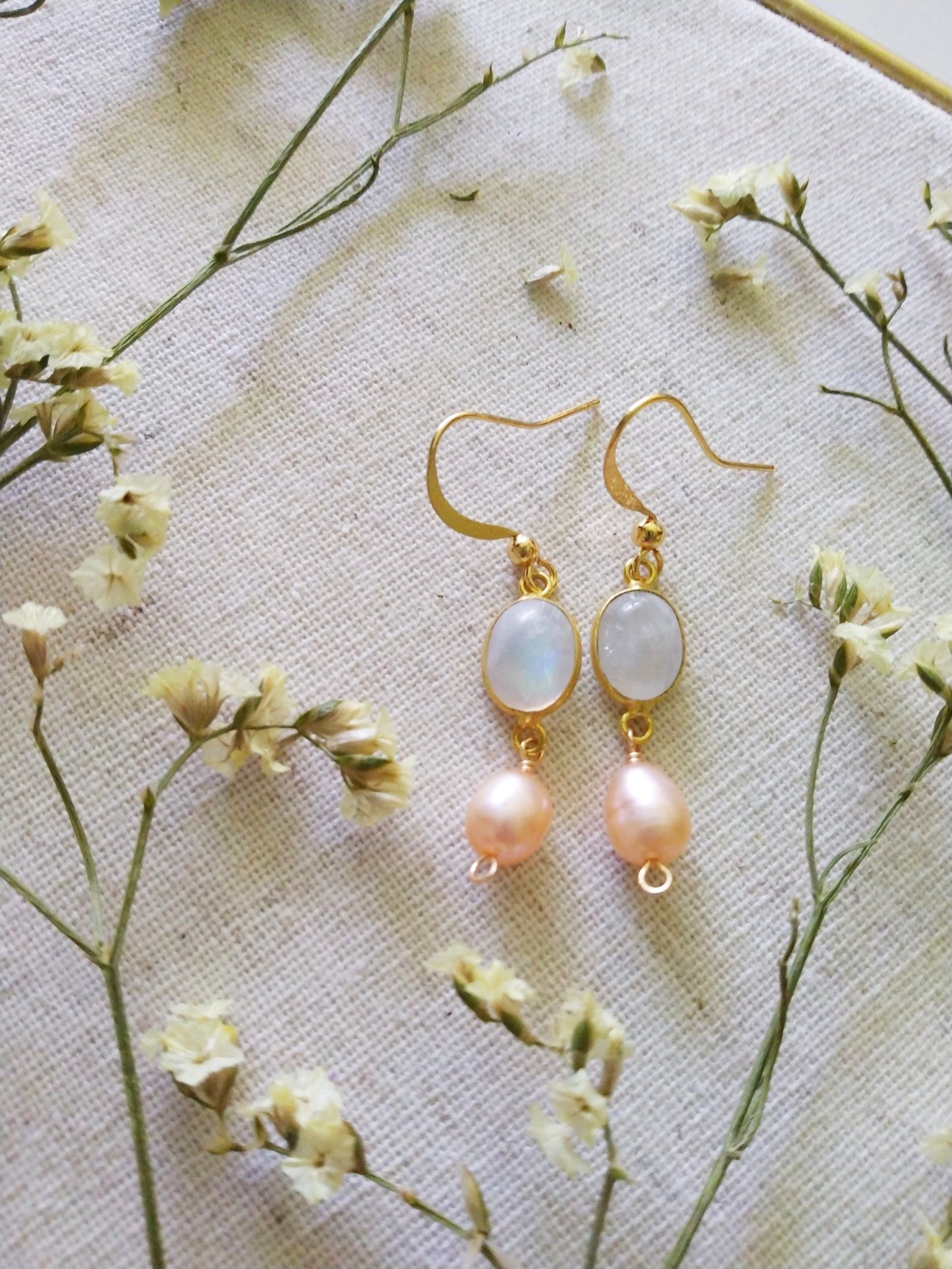 Moonstone and Peachy Freshwater Pearl Gold Filled Earrings E140123