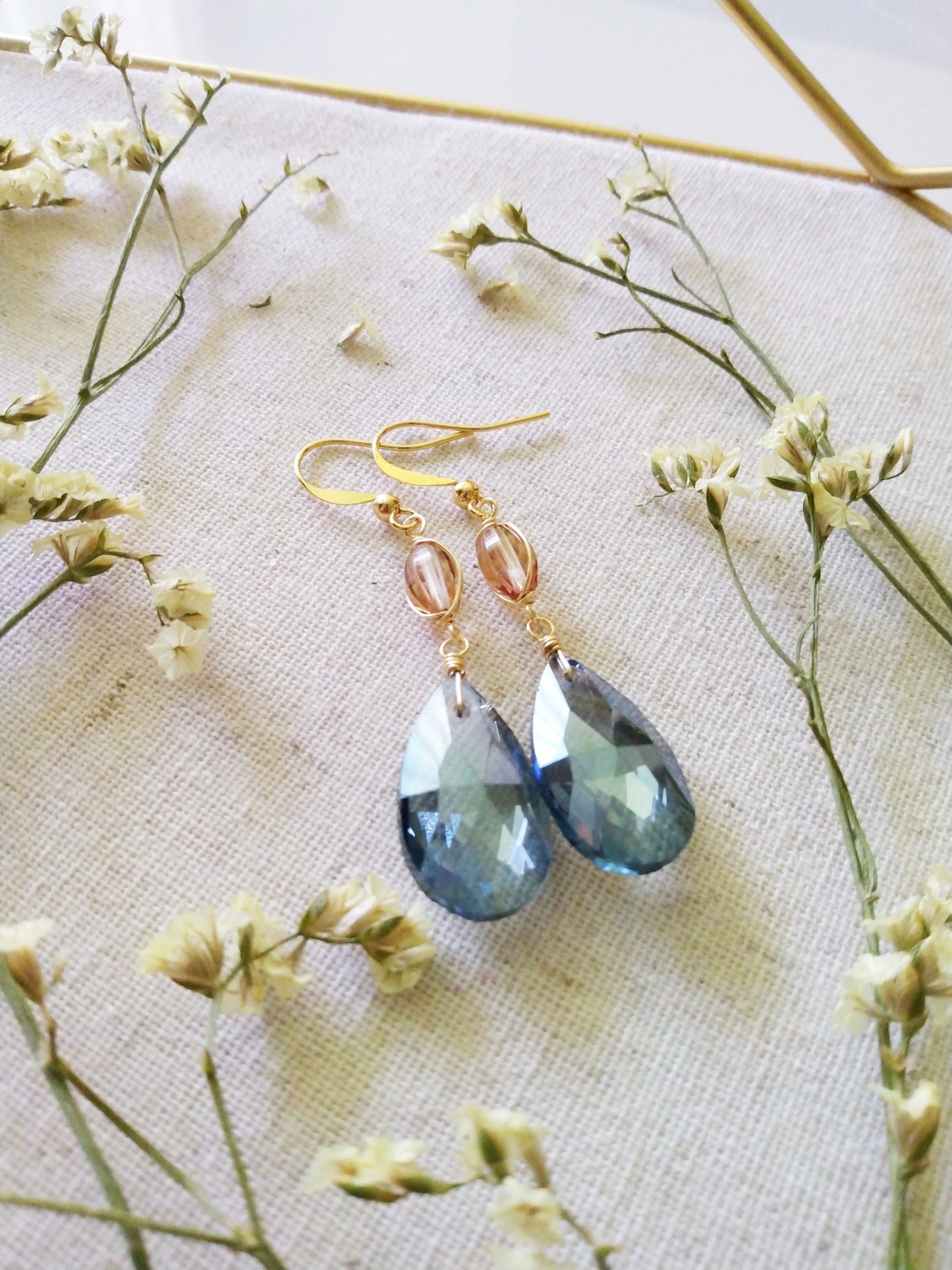 Denim Blue Czech Glass Teardrop Gold Filled Earrings E140019