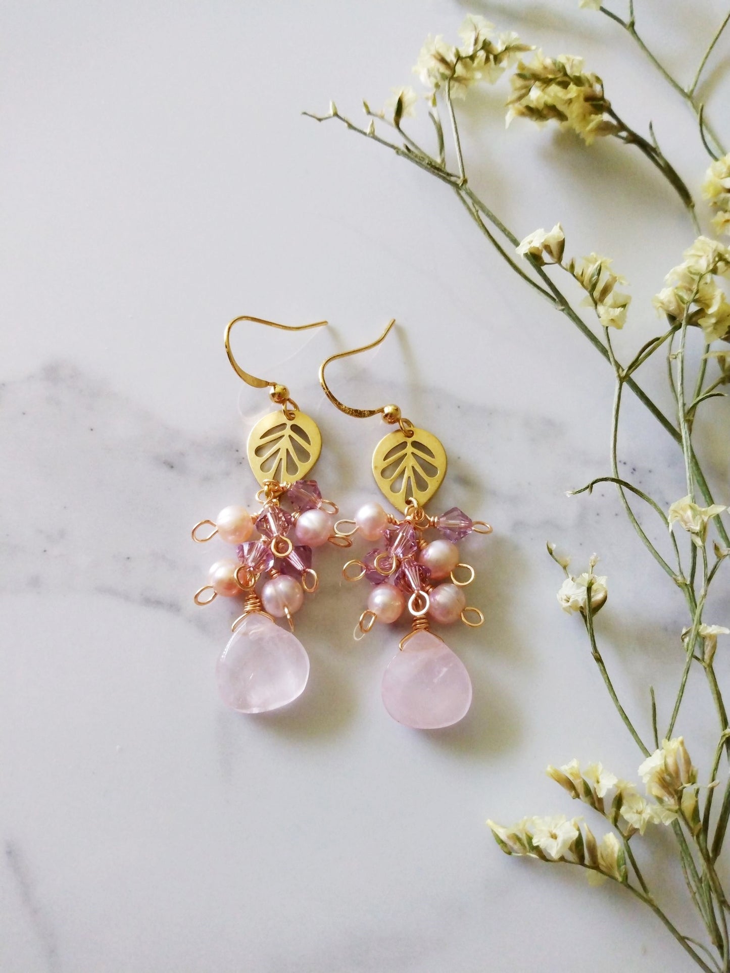 Romantic Rose Quartz Freshwater Pearl and Austrian Crystal Gold Filled Earrings E140144