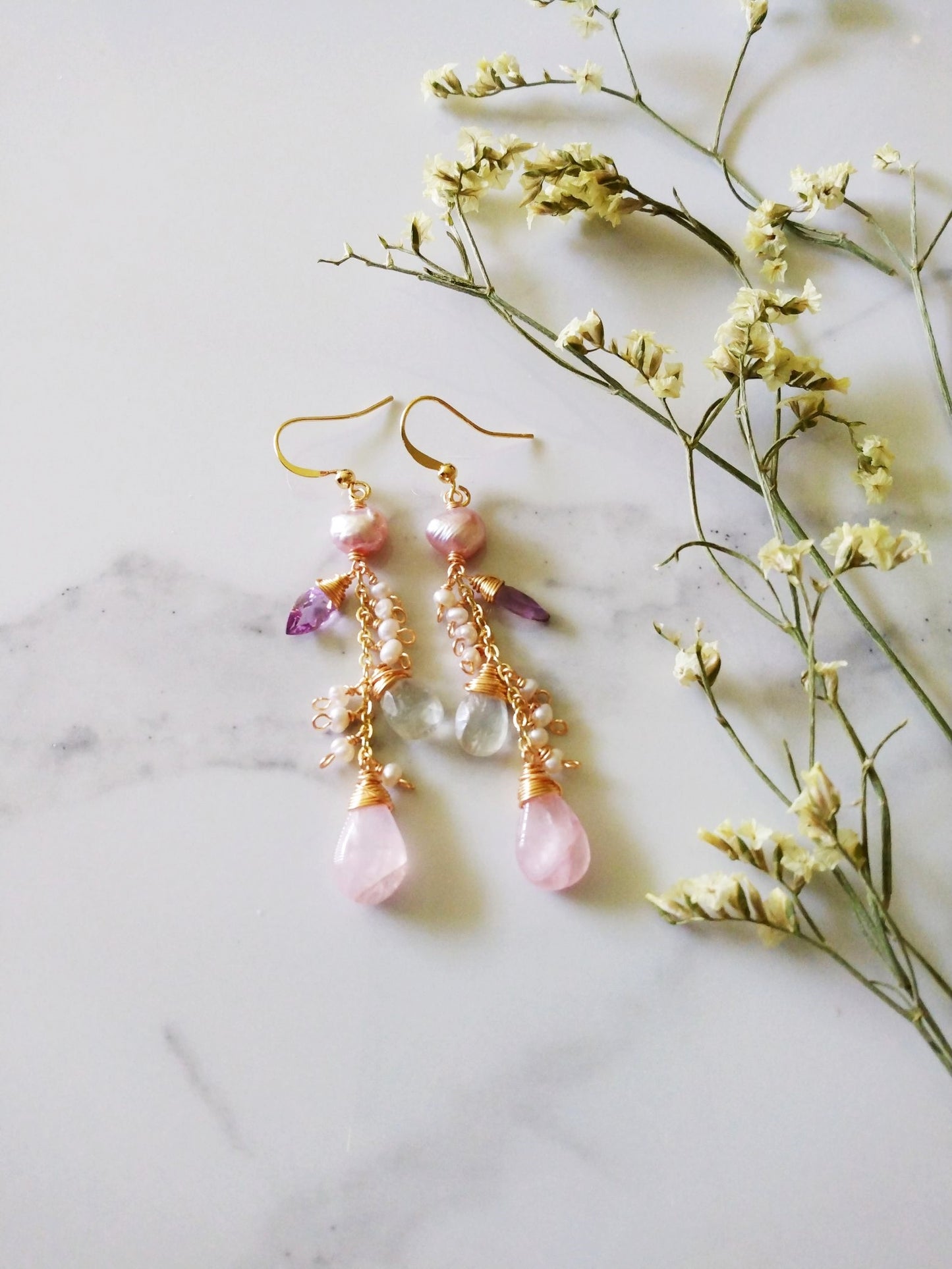 Dreamy Wedding Earrings Baroque Pearls Pink Amethyst Gold Filled Earrings E140142