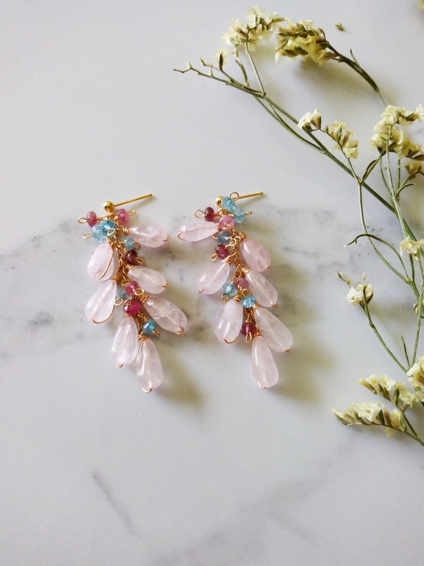 Rose Quartz Tourmaline Aquamarine Semi Precious Gemstones Gold Filled Earrings E140140