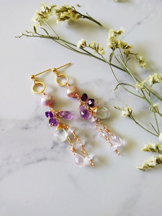 Mauve Pearl and Candied Semi Precious Gemstone Gold Filled Earrings E140139