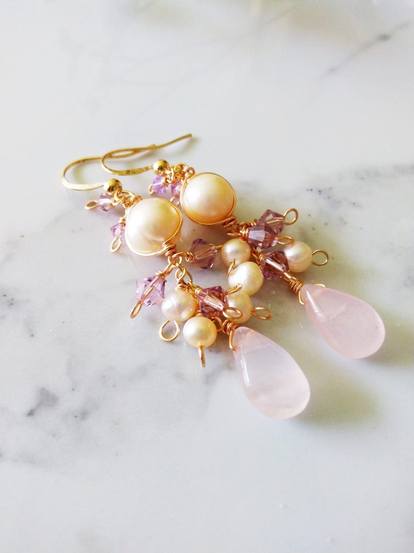 Dreamy Long Bridal Soft Pink Pearls and Quartz Gold Filled Earrings E140143
