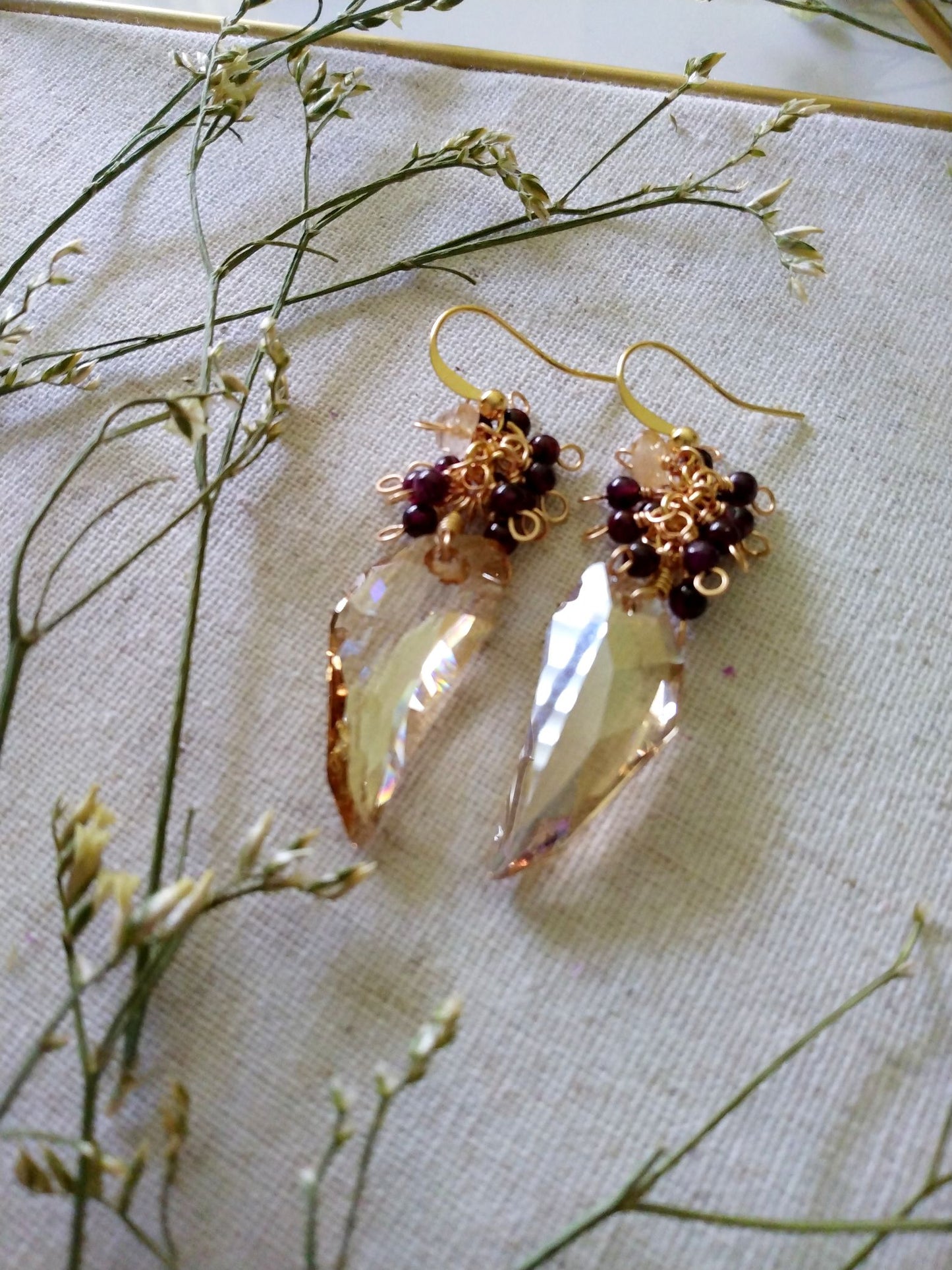 Dramatic Austrian Wing Crystals Garnet Cluster Gold Filled Earrings E140118