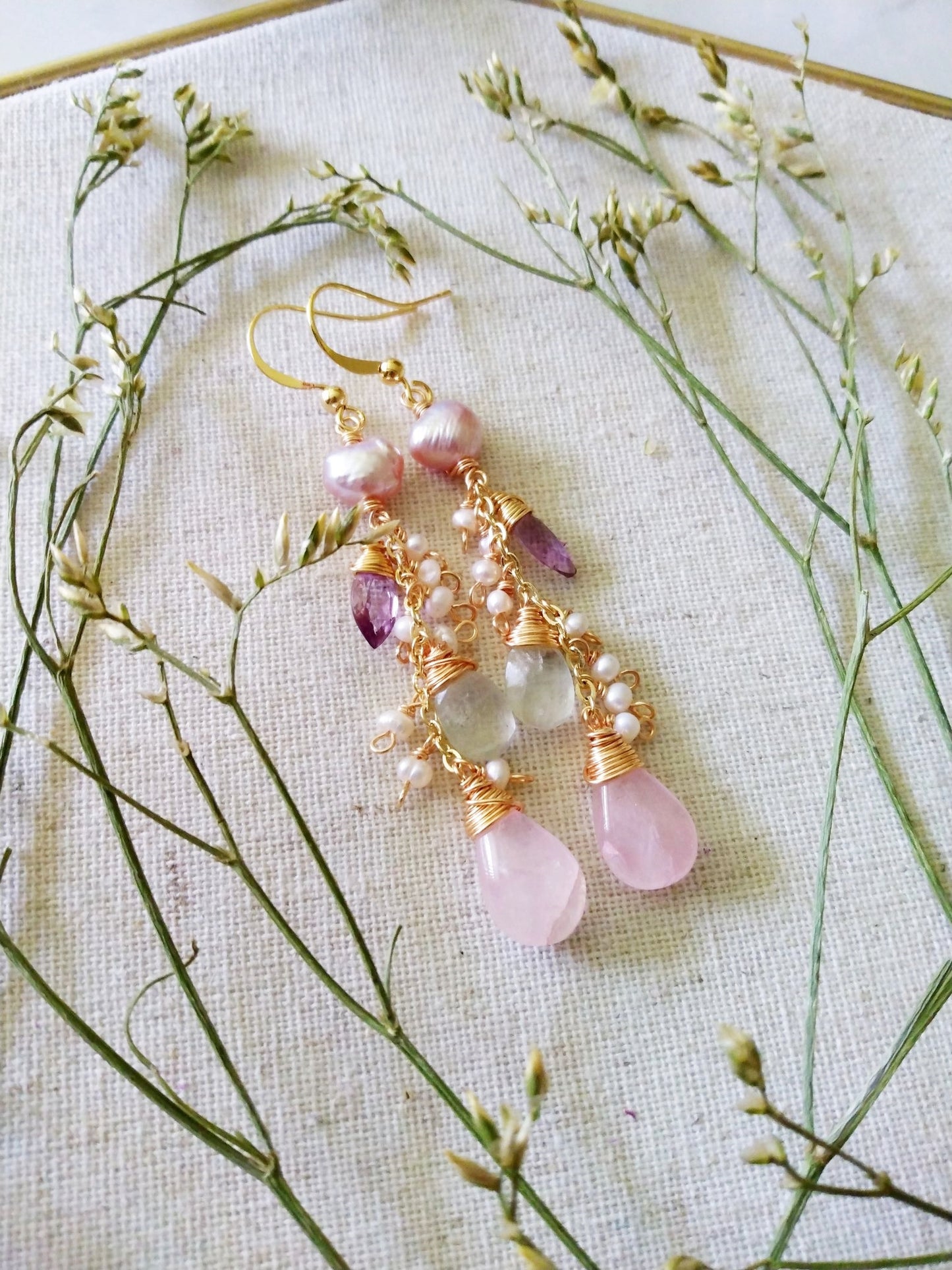 Dreamy Wedding Earrings Baroque Pearls Pink Amethyst Gold Filled Earrings E140142