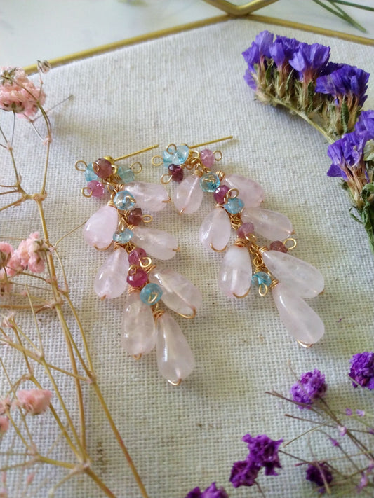Rose Quartz Tourmaline Aquamarine Semi Precious Gemstones Gold Filled Earrings E140140