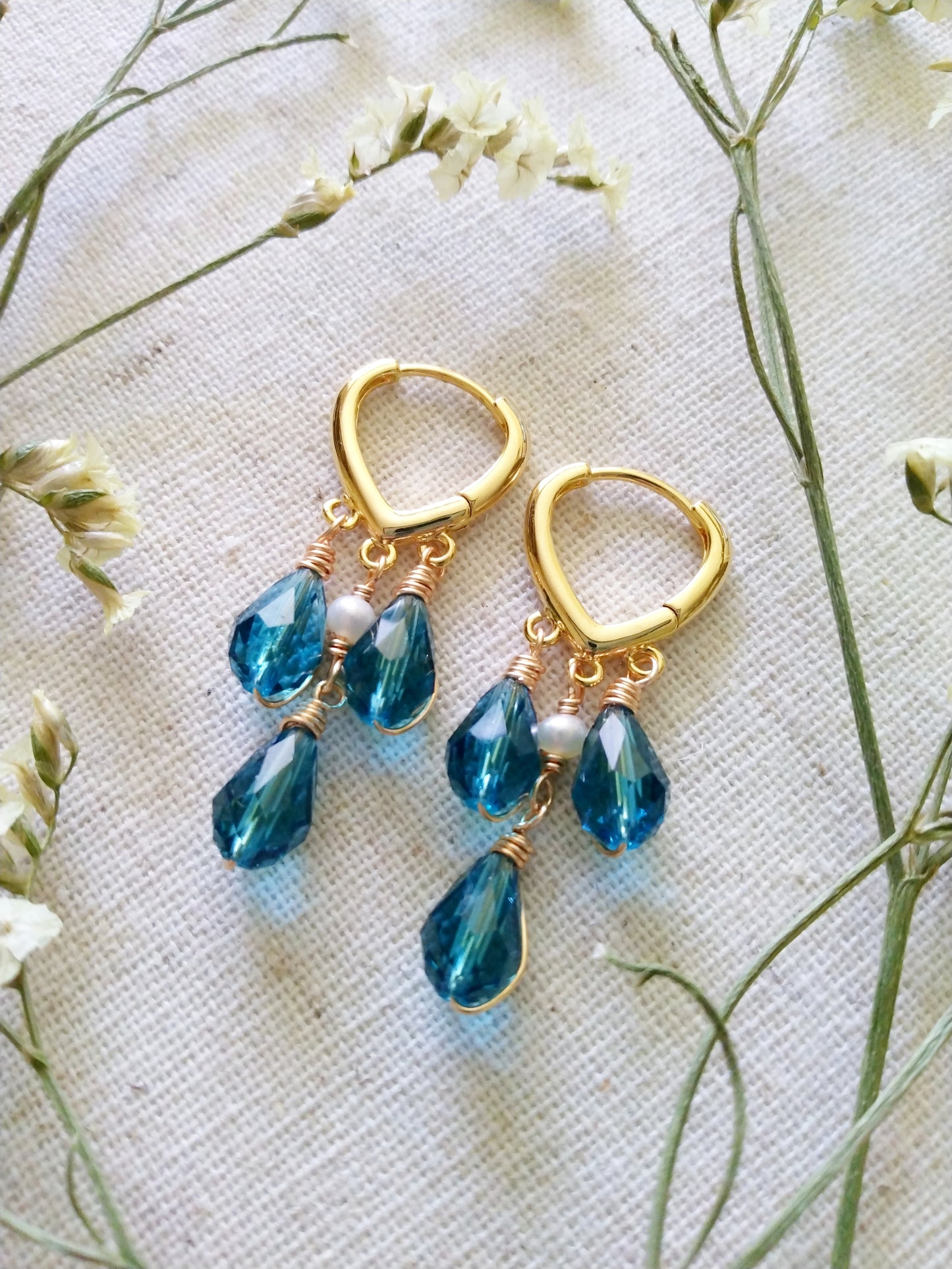 Something Blue Austrian Crystal Teardrop Dangle Gold Huggie Earrings E140136