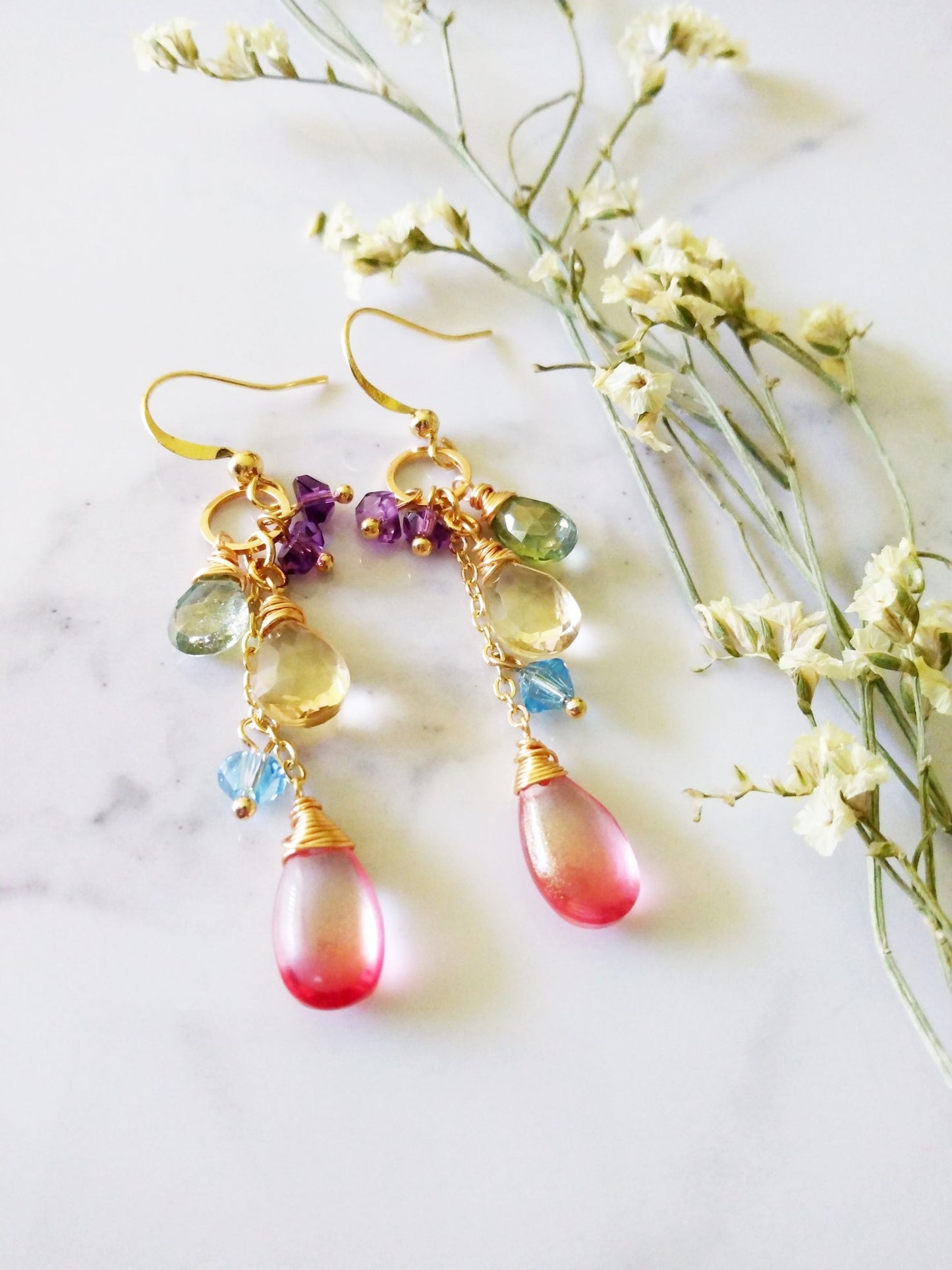 Amethyst Aquamarine Citrine Green Quartz Briolette Gold Filled Earrings E140156