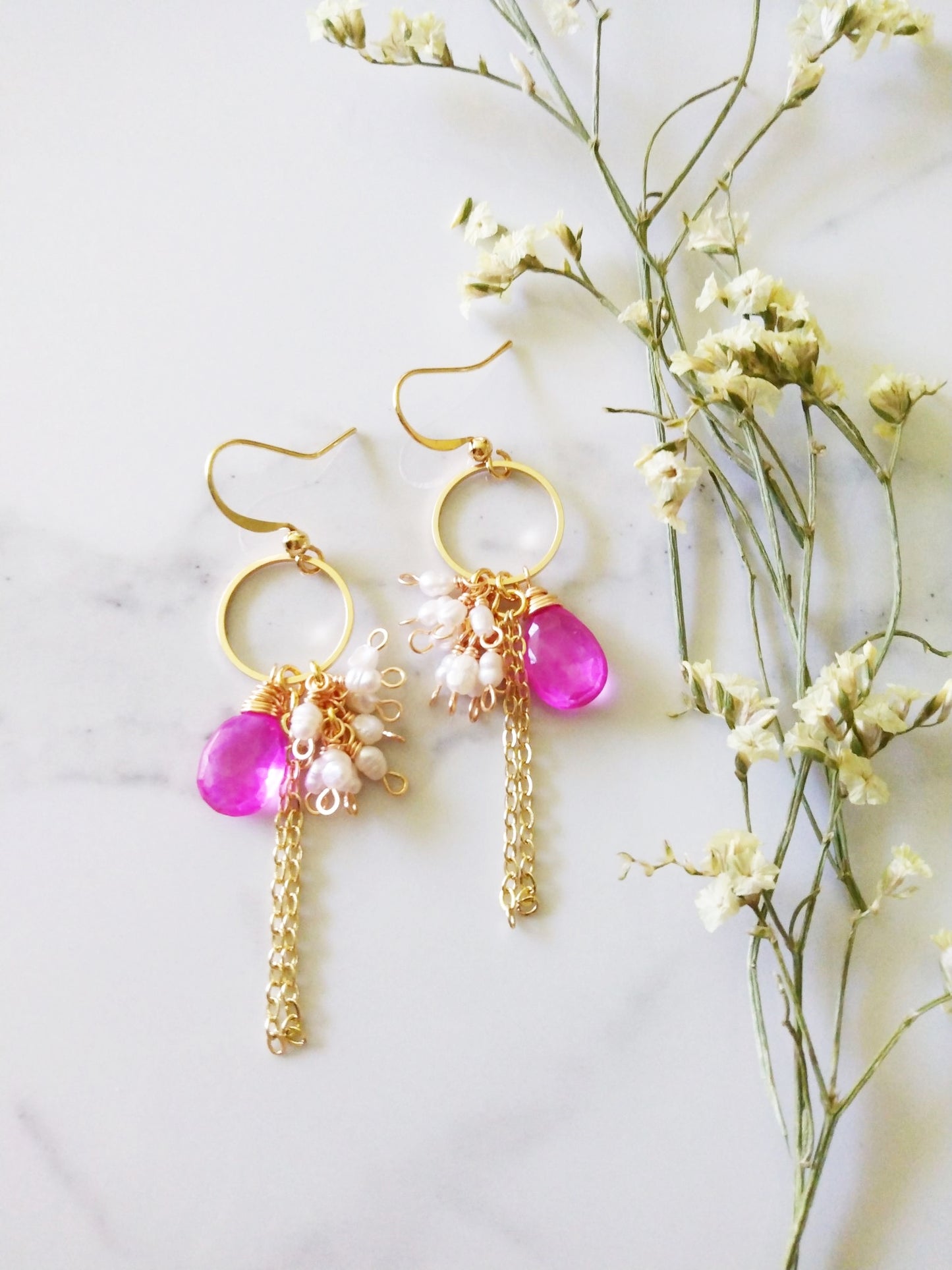 Hot Pink Topaz Baroque Pearl Clusters Gold Filled Earrings E140154