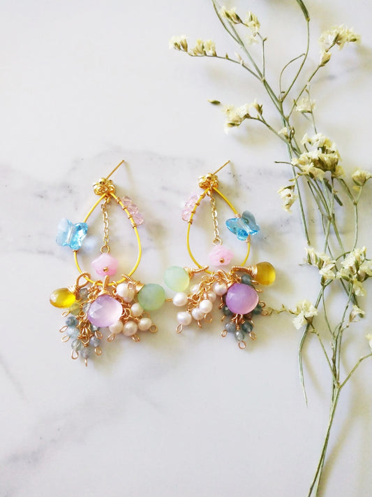 Semi Precious Gemstones Multi Cluster Butterfly Gold Filled Earrings E140160