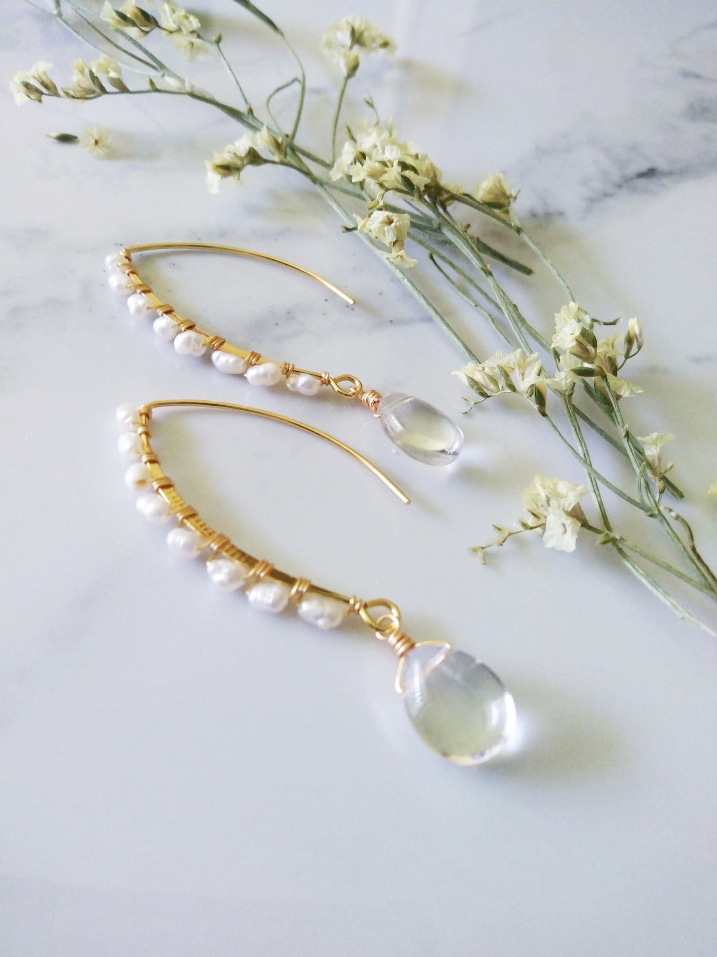 Long Slender Off White Pearl Clear Quartz Gold Earrings E140110