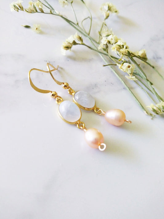 Moonstone and Peachy Freshwater Pearl Gold Filled Earrings E140123
