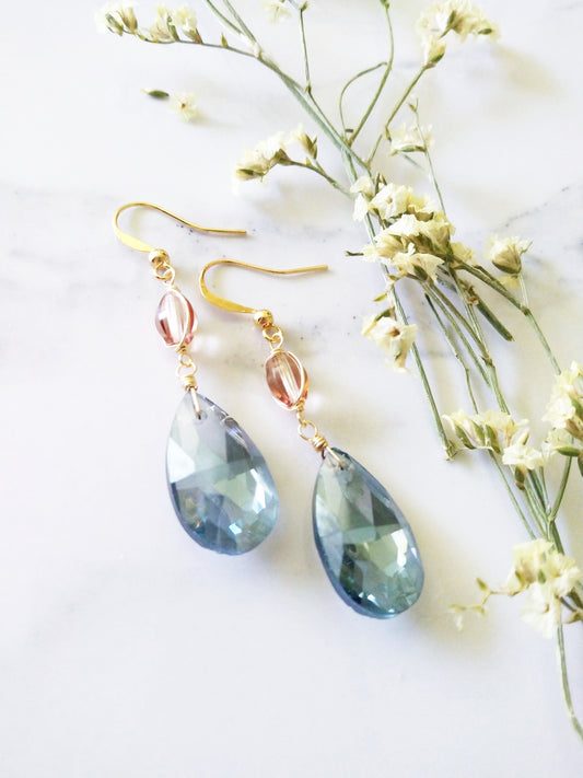 Denim Blue Czech Glass Teardrop Gold Filled Earrings E140019