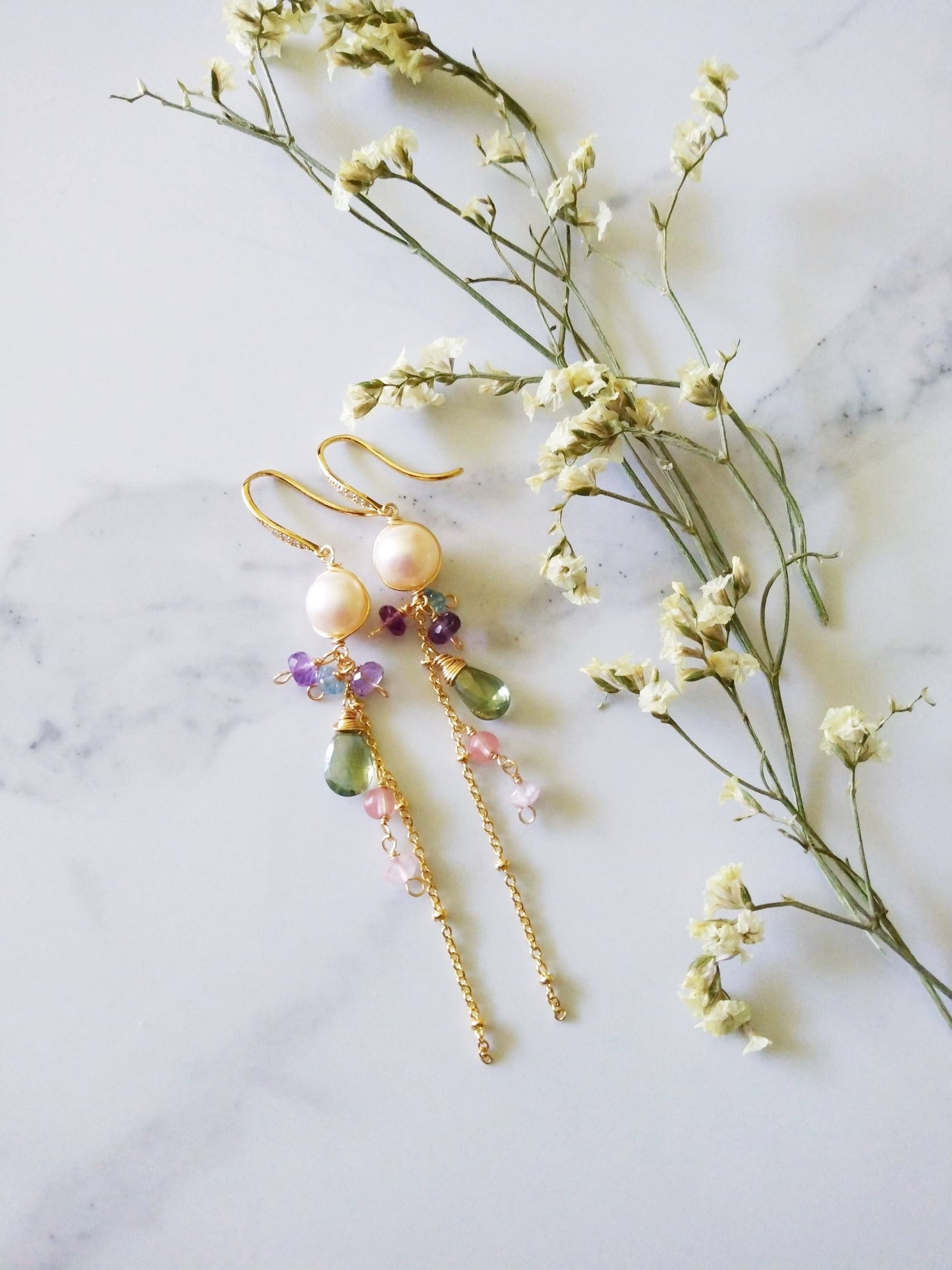 Hand Faceted Semi Precious Amethyst Aquamarine Green Amethyst Gold Filled Earrings 140129