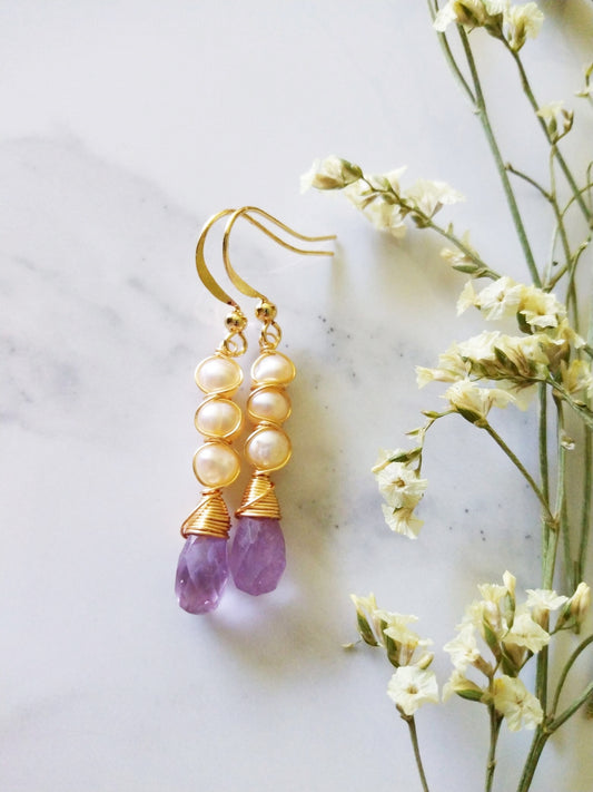 Amethyst and Freshwater Pearl Gold Filled Earrings E140126