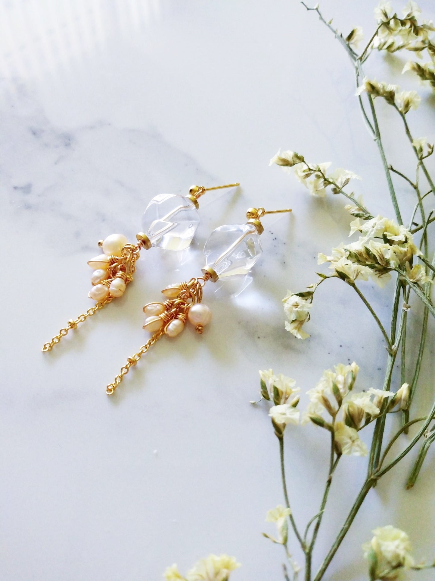 Clear Quartz Pearl Cluster Gold Filled Earrings E140125