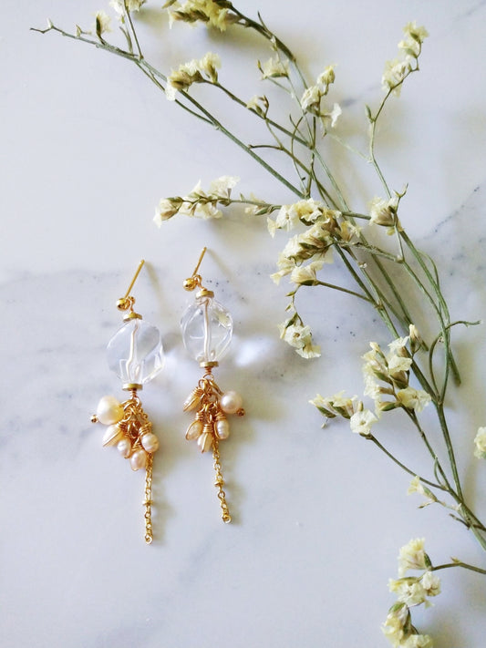 Clear Quartz Pearl Cluster Gold Filled Earrings E140125