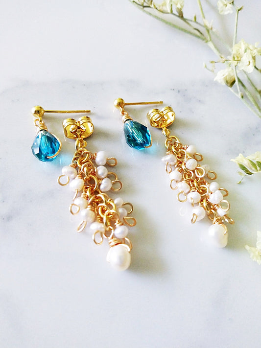 Two Way Bridal Wedding Blue Crystal Pearl Cluster Gold Filled Earrings E140138
