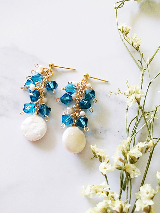 Beach Wedding Blue Crystal and Baroque Pearl Gold Filled Earrings E140137