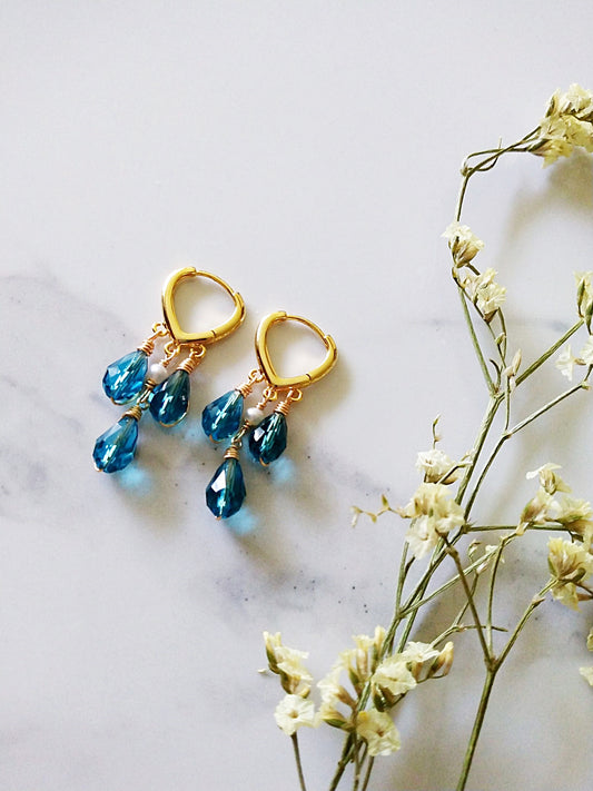 Something Blue Austrian Crystal Teardrop Dangle Gold Huggie Earrings E140136