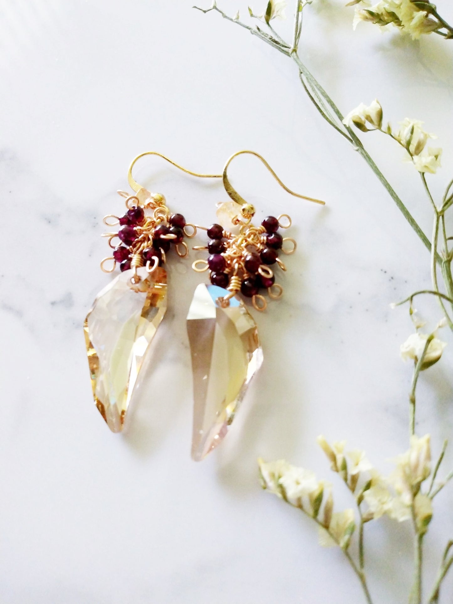 Dramatic Austrian Wing Crystals Garnet Cluster Gold Filled Earrings E140118