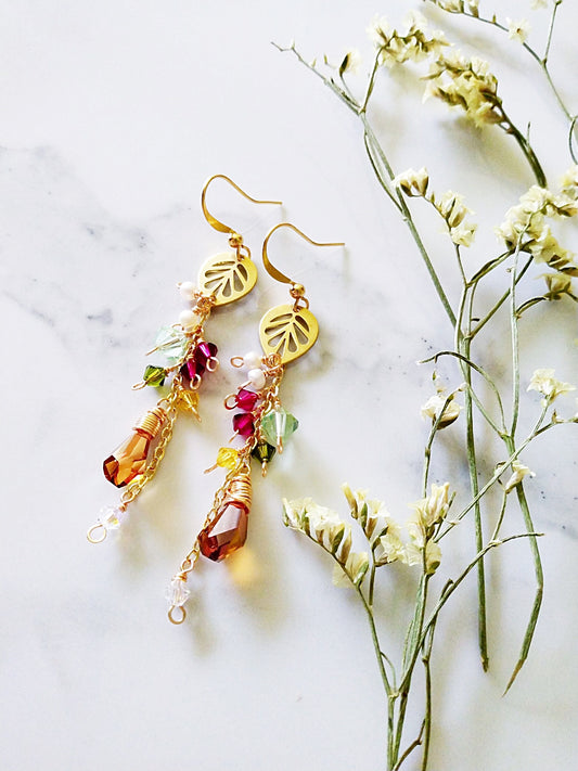 Radiant Nature Theme Austrian Crystal Geometric Leaf Gold Filled Earrings E140115