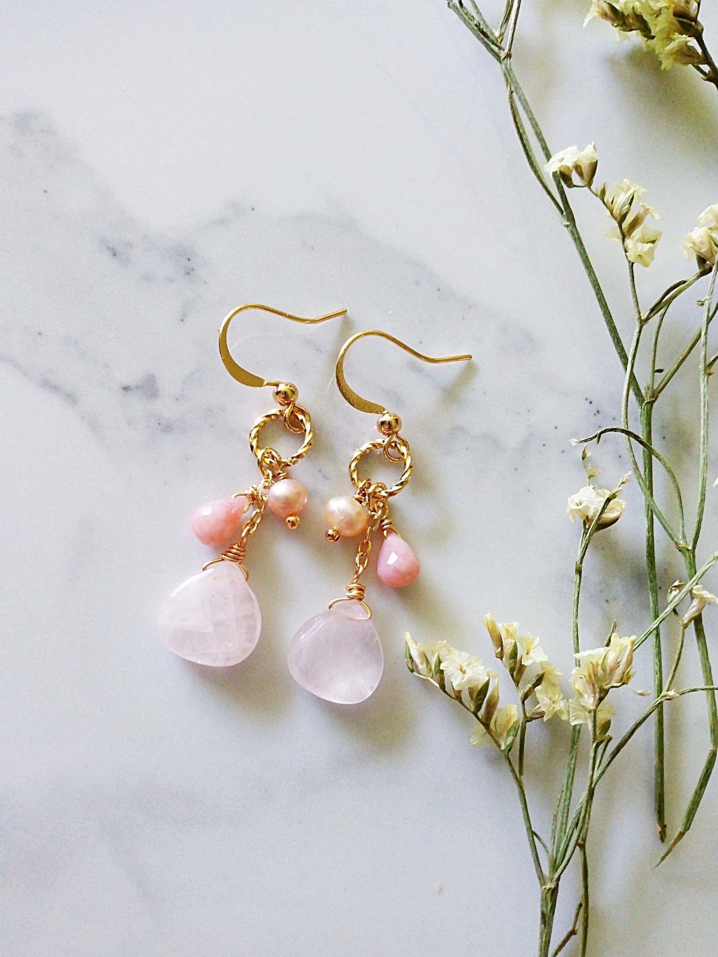 Flirty Pink Opal Rose Quartz Pearl Gold Filled Earrings E140148
